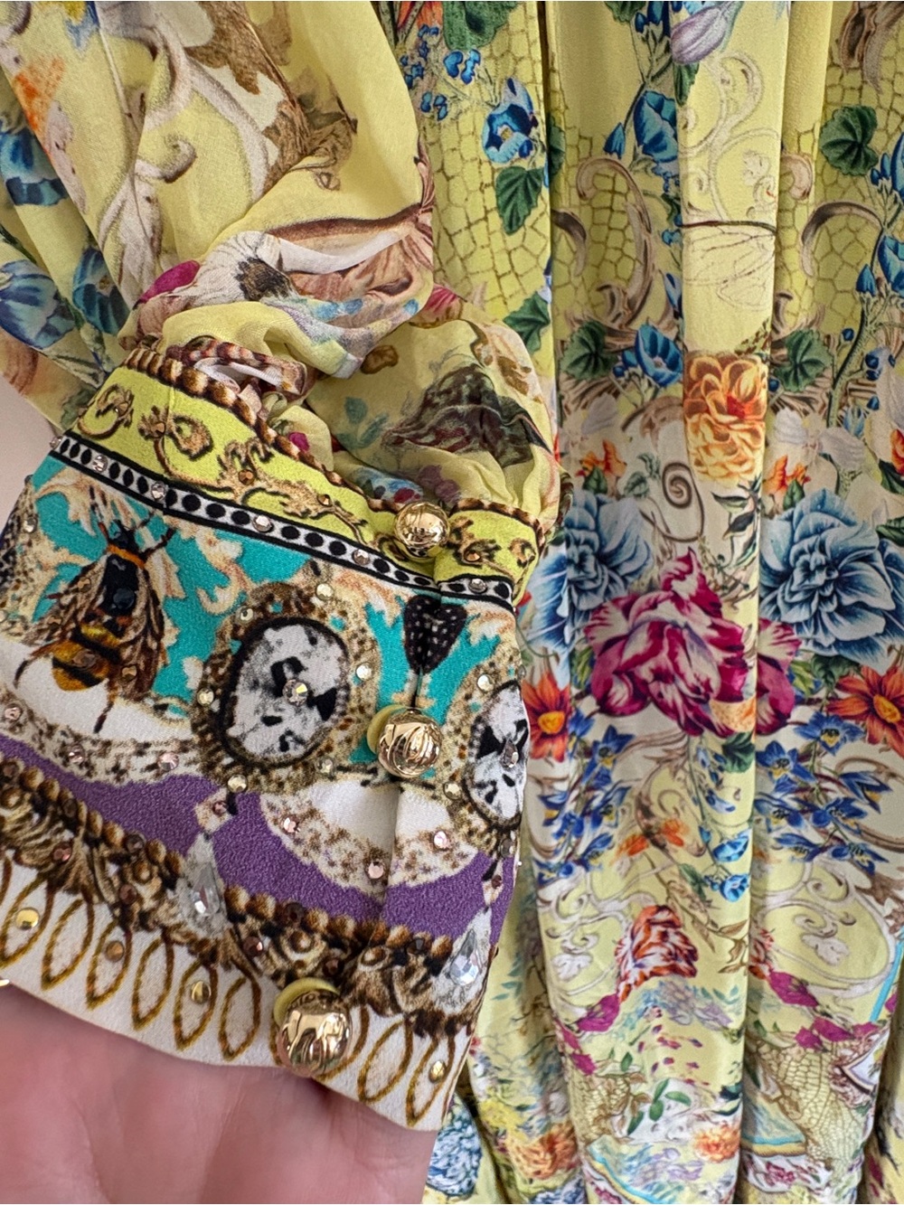 Camilla Silk Maxi Dress Yellow Floral Crystal Embellished XL - Picture 4 of 7